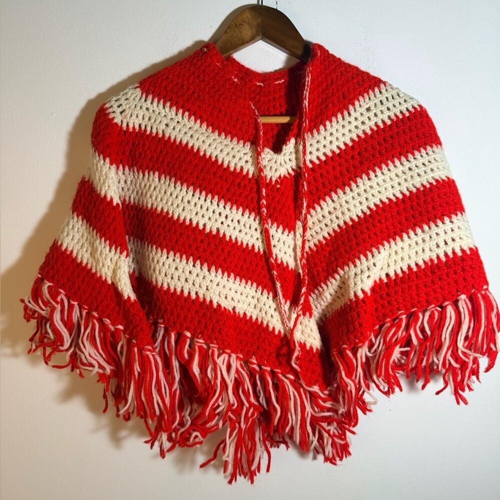Handmade Red and White Striped Knit Poncho